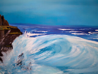 Blue sea and waves. Watercolor painting