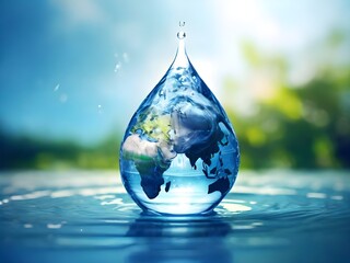 Fototapeta premium World water day. Save water. 22 March. World Water Day concept with water drop with people, home, trees to save environment. Fresh blue water ripples. Ecology theme concept. Importance of fresh water
