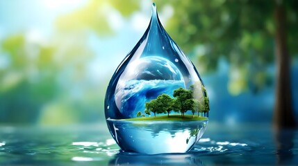 World water day. Save water. 22 March. World Water Day concept with water drop with people, home, trees to save environment. Fresh blue water ripples. Ecology theme concept. Importance of fresh water - obrazy, fototapety, plakaty
