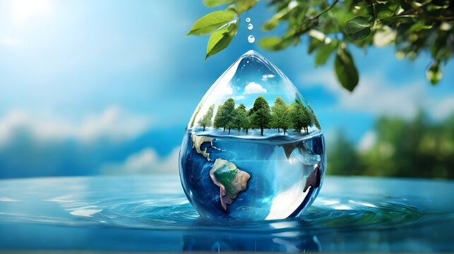 World water day. Save water. 22 March. World Water Day concept with water drop with people, home, trees to save environment. Fresh blue water ripples. Ecology theme concept. Importance of fresh water