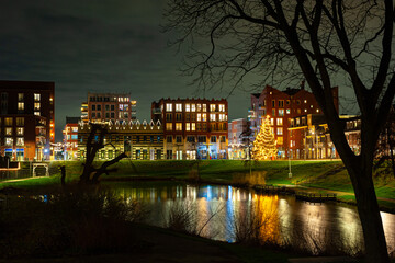 Fototapeta na wymiar Skyline of the modern center of the town of Waddinxveen, Netherlands at night