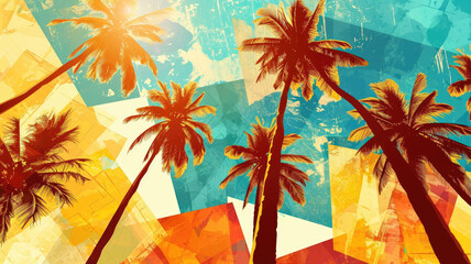 Tropical Mosaic, Coconut Palms under Blue Sky - obrazy, fototapety, plakaty
