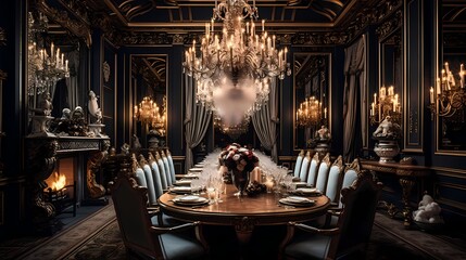 Opulent dining room with a mix of textures, a crystal chandelier, and a marble-topped table for an exquisite dining experience