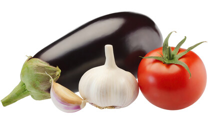 Raw eggplants, tomatoes and garlic  - isolated on trtansparent background