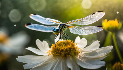 dragonfly on a white flower in the rays of the setting sun