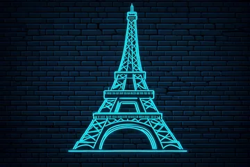  Eiffel tower icon in neon style. Simple thin line, outline vector on dark background © Naila