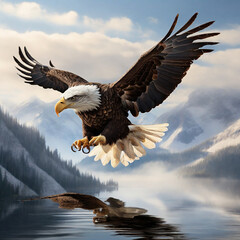 Fototapeta premium Soaring Against a Clear B, a Regal Bald Eagle with Sharp Eyes in a Hyper Realistic Illustration Photo ai Art