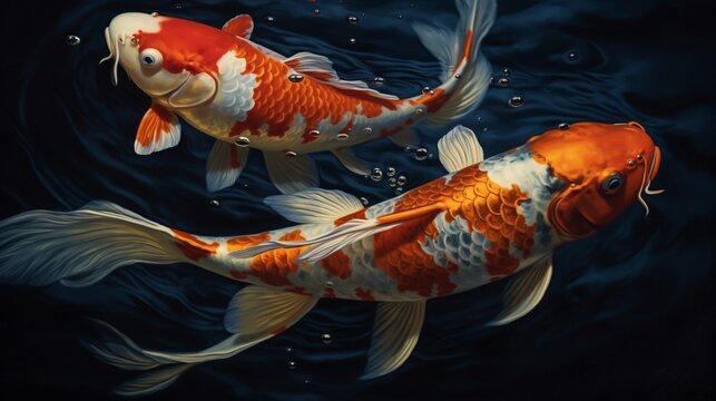 Two Koi Fish Oil Paint Auspicious Japan Art Realistic.Generative AI