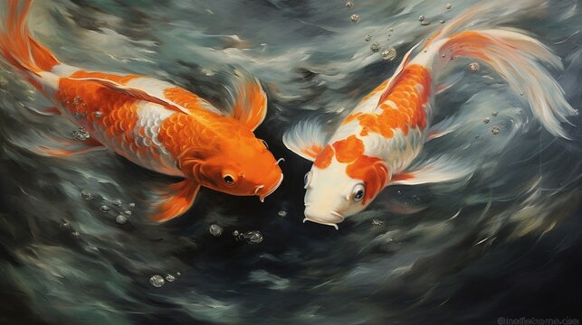two koi fish oil paint auspicious japan art realistic.Generative AI