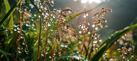 Fototapeta na wymiar Exquisite Water Droplets Amidst Exotic Jungle Plants