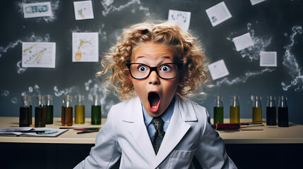 A Genius scientist child boy in laboratory. - obrazy, fototapety, plakaty