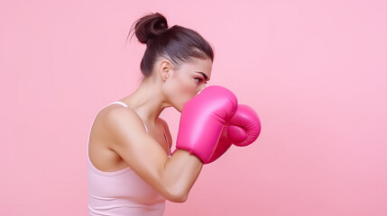 woman with pink glove and ribbon for women's day, Cancer day, Breast cancer day