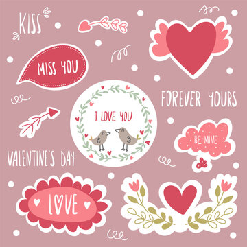 Fototapeta Valentines day decor set isolated on pink background. Including couple of birds, botany elements, hearts, arrows and inscriptions kiss, miss you, forever yours, valentines day and i love you 