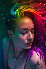 Obraz premium Ethereal Beauty in Color. Woman with ethereal makeup and rainbow hair, abstract concept.