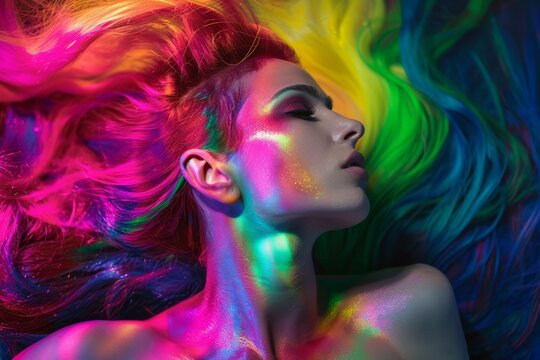 Vibrant Rainbow Hair in Artistic Portrait.
Artistic side portrait of a person with a vibrant rainbow hairstyle. image.