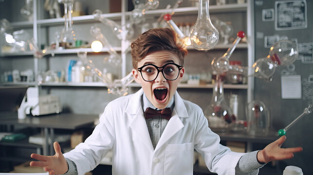 A Genius scientist child boy in laboratory.