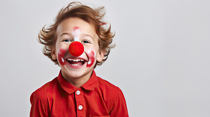 Happy child boy with red nose, a Red nose day