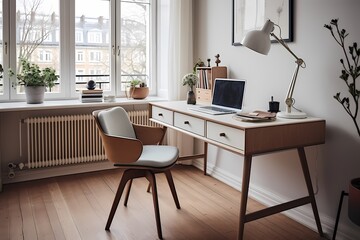 Scandinavian mid-century home office in Copenhagen, showcasing a functional workspace with retro-inspired furniture