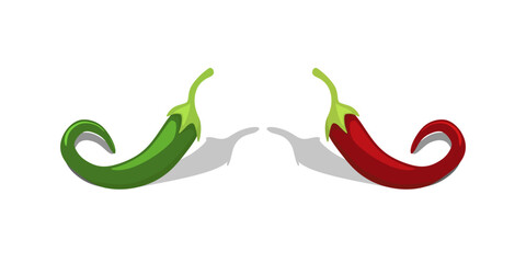Image of red chilies and green chilies isolated on white. Flat vector design.