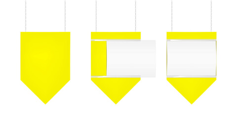 Hanging supermarket promotion banner display board. Vector mock-up. Ceiling blank sign holder for retail store mockup. Template for design