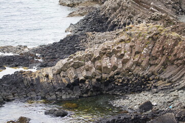 Hexagonal Basalt Columns located at Ardmeanach Peninsula on the Inner Herbrides Isle of Mull, Scotland, UK