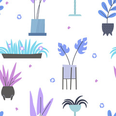 Hand drawn seamless pattern with flower pots. Doodle plants drawings with pastel trendy colors. 