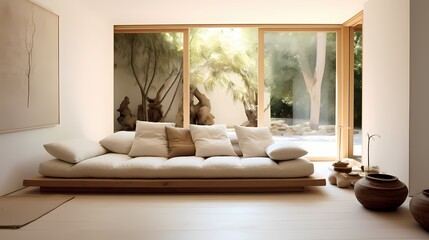 Serene living room with a low-profile sofa, floor cushions, and a focus on natural materials