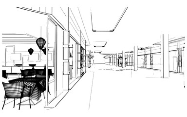 department store hall space line drawing Store page of products and services,3d rendering