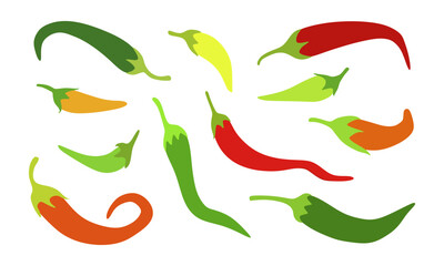 Collection of assorted chili peppers isolated on white. Flat vector design.