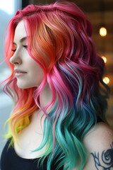 Rainbow-Hued Wavy Hair on Profile of Young Woman.
A profile view of a woman's rainbow-coloured wavy hair.