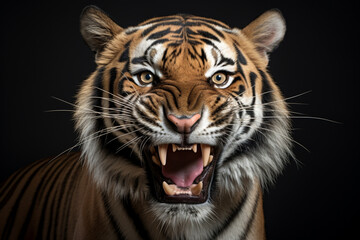 Fototapeta premium Siberian Tiger roaring close-up portrait on a black background.