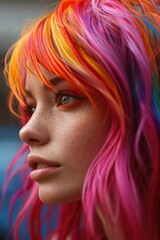 Intense Gaze with Rainbow Hair Framing Face.
Close-up of a woman's intense gaze, framed by rainbow hair.