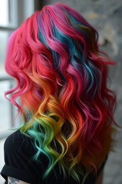 Elegance in Rainbow - Curled Hair Beauty.
Beautiful curls in rainbow colors, a back view of vibrant hair.