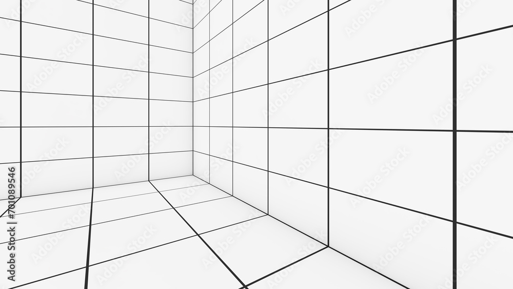 Poster a grid of lines in an empty, white room serves as a visual cue. ,a space with a distance-measuring g