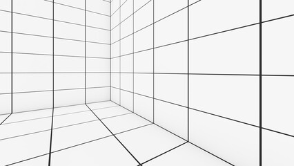 A grid of lines in an empty, white room serves as a visual cue. ,a space with a distance-measuring grid , a grid view,3d rendering