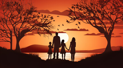 Silhouette of family standing sunset background Paper cut style --chaos 25 --ar 16:9 --v 5.2 Job ID: ea80fcf5-00ef-416e-8b2c-bcc90df43d0f