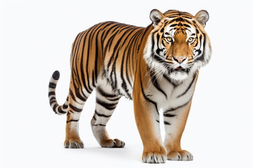 Obraz premium Siberian Tiger standing on a white background. Animal right-side portrait.