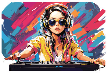 cool female DJ with sunglasses, disc jockey on turntables