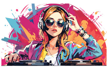 cool female DJ with sunglasses, disc jockey on turntables - obrazy, fototapety, plakaty