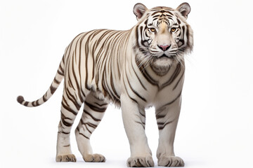 Obraz premium White Tiger standing on a white background. Animal right-side portrait.