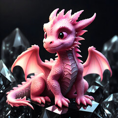Cute pink dragon with big eyes, 3d cartoon style, sitting on black prism. ai generative