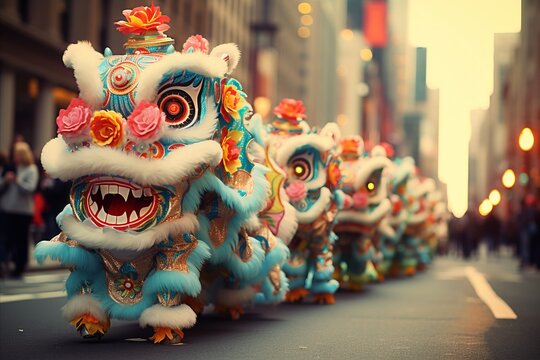 Vibrant Chinese NY Parade. Enchanting Dragons and Majestic Lions Illuminate City Streets