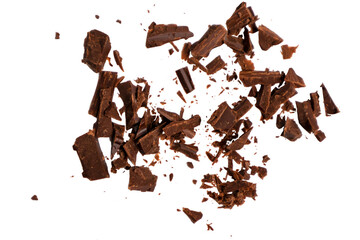 Chunks of dark chocolate separated on a white background.Small chunks of chocolate are sliced.