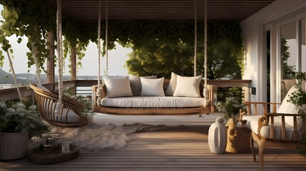 Serene veranda retreat featuring a wooden swing, hanging lanterns, and a canopy of vines creating a calming atmosphere