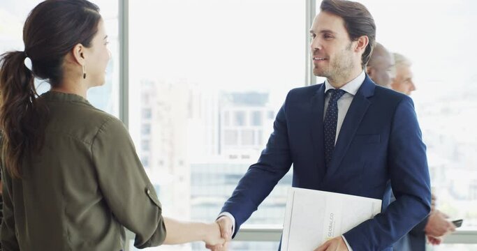 Business people, handshake and job interview for Human Resources meeting, welcome and partnership or hello. Professional clients shaking hands with documents, CV or resume for recruitment or hiring