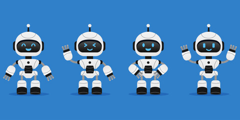 Robot, chat bot neural network, AI servers and robots technology. Set of cute robot ai character.