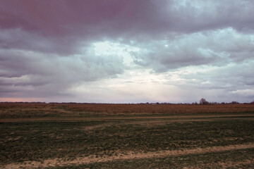 An open field with dark clouds gathering above.
