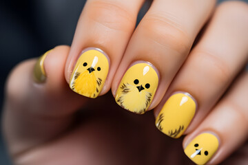 Woman's fingernails with seasonal Easter nail art design with cute yellow Easter chicks