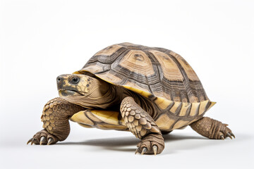 Obraz premium Tortoise standing on a white background. Animal left-side portrait.
