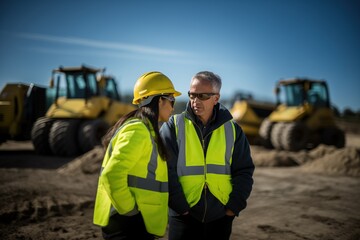 Male and female architects, wearing reflective yellow jackets and safety helmets, oversee the progress of building construction while making decisions.